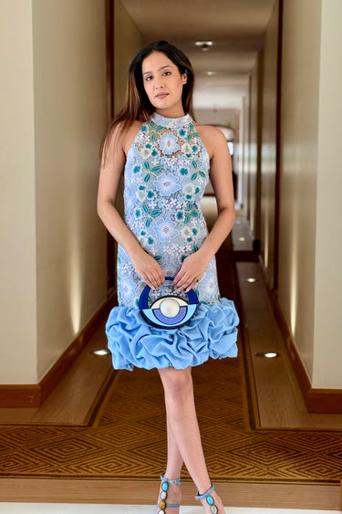 Aqua Lace Ruffle Dress