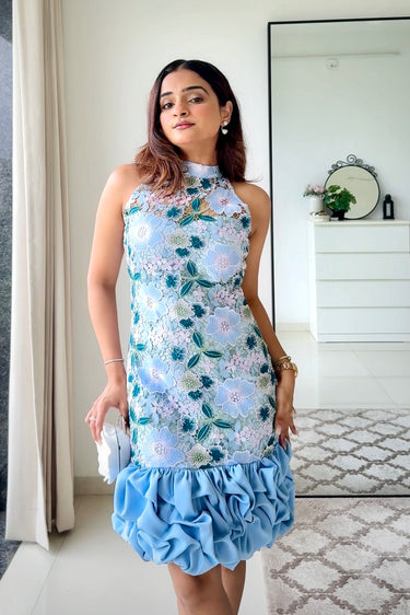 Mauli Patel in Aqua Lace Ruffle Dress