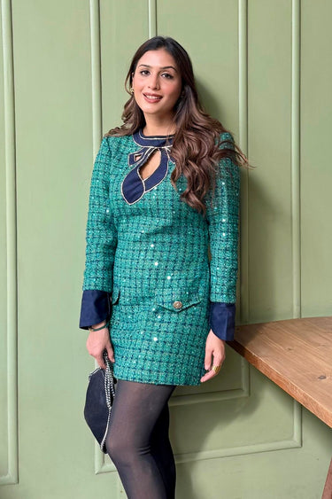 Annie Dhingra in Emerald Bow Tweed Dress