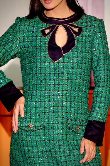 Emerald Bow Tweed Dress