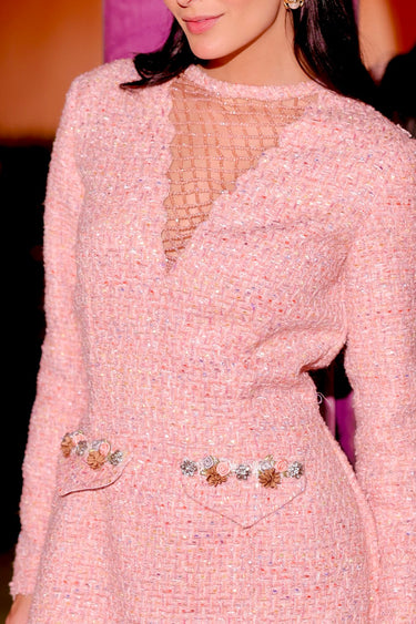 Rosette Embellished Tweed Dress