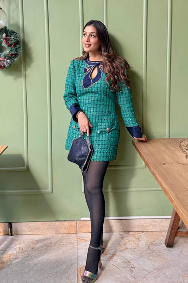 Annie Dhingra in Emerald Bow Tweed Dress