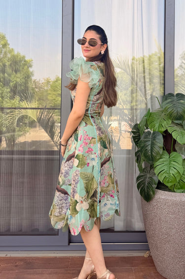 Shivami Jain in Felicia Scalloped Midi Dress