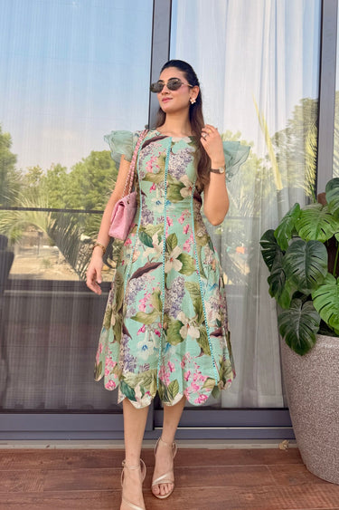 Shivami Jain in Felicia Scalloped Midi Dress