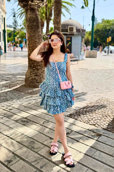Aaina Khanna in Veloura Tiered Denim Dress